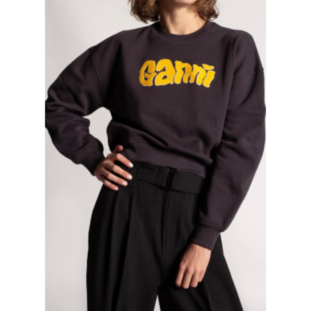 Ganni Classic Isoli Logo Crewneck Sweatshirt Black Size Small - Picture 9 of 10